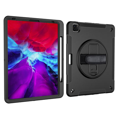 For iPad Pro 12.9-inch (2021)/(2020)/(2018) 360 Degree Swivel Handy Strap Kickstand PC + Silicone Tablet Case with Shoulder Strap