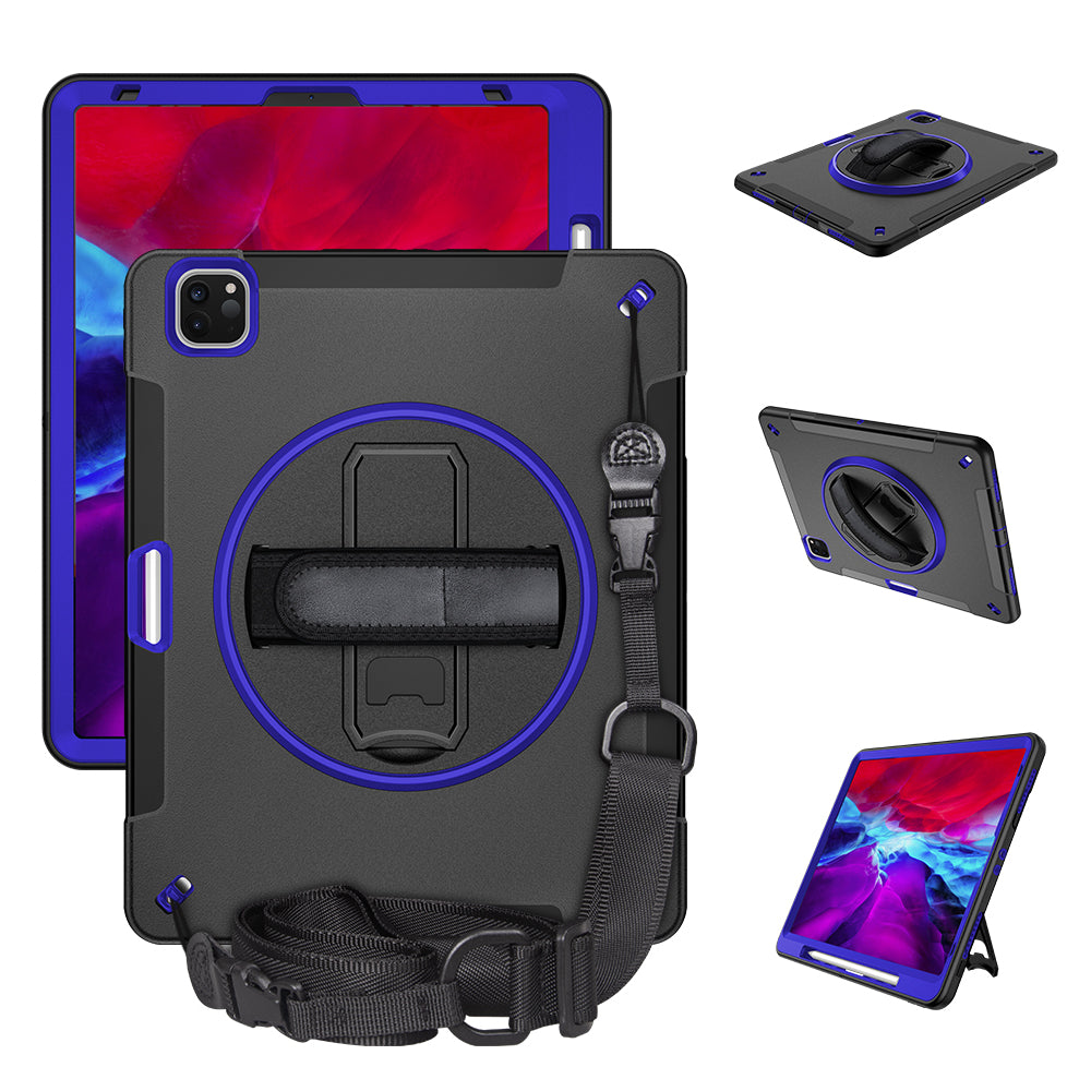 For iPad Pro 12.9-inch (2021)/(2020)/(2018) 360 Degree Swivel Handy Strap Kickstand PC + Silicone Tablet Case with Shoulder Strap
