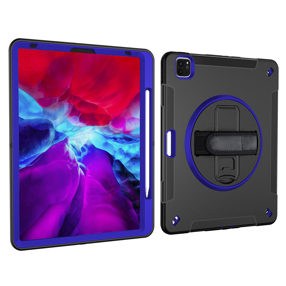 For iPad Pro 12.9-inch (2021)/(2020)/(2018) 360 Degree Swivel Handy Strap Kickstand PC + Silicone Tablet Case with Shoulder Strap