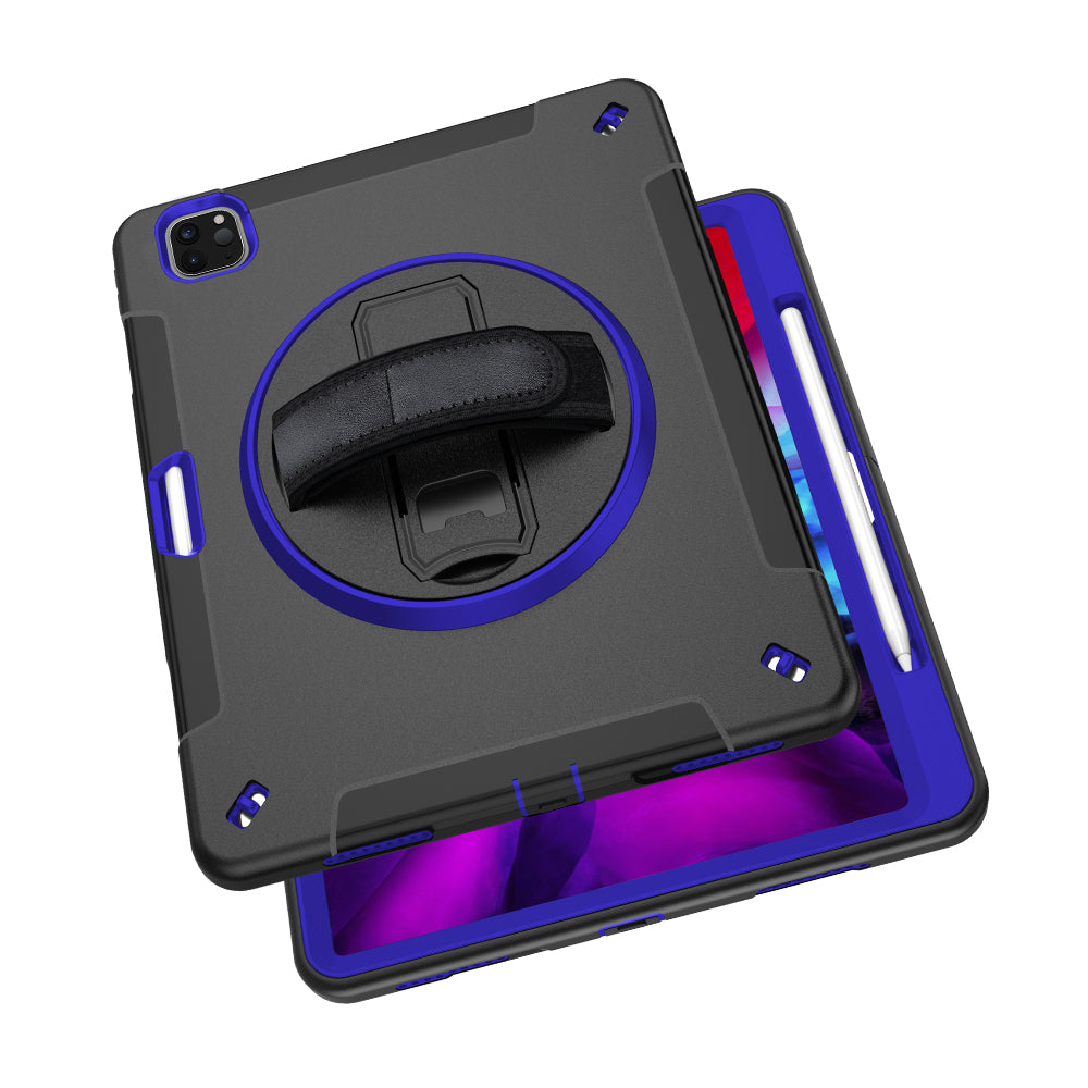 For iPad Pro 12.9-inch (2021)/(2020)/(2018) 360 Degree Swivel Handy Strap Kickstand PC + Silicone Tablet Case with Shoulder Strap