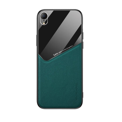 Built-in Magnetic Metal Sheet Leather Coated Glass PC TPU Hybrid Case for iPhone XR
