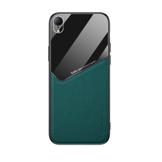Built-in Magnetic Metal Sheet Leather Coated Glass PC TPU Hybrid Case for iPhone XR