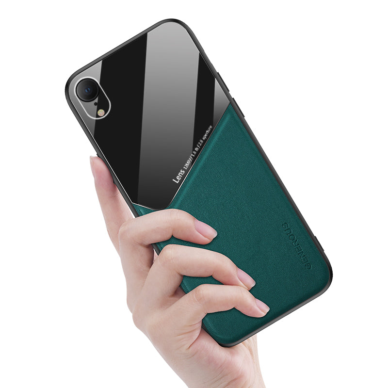 Built-in Magnetic Metal Sheet Leather Coated Glass PC TPU Hybrid Case for iPhone XR