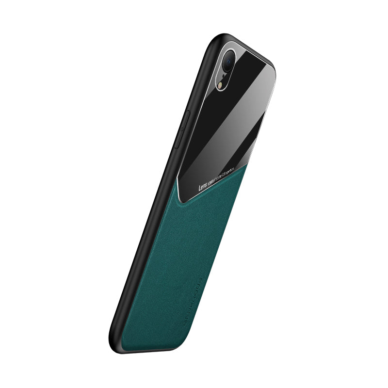 Built-in Magnetic Metal Sheet Leather Coated Glass PC TPU Hybrid Case for iPhone XR