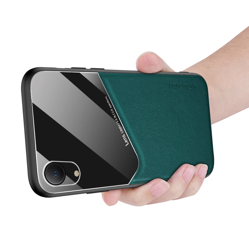Built-in Magnetic Metal Sheet Leather Coated Glass PC TPU Hybrid Case for iPhone XR