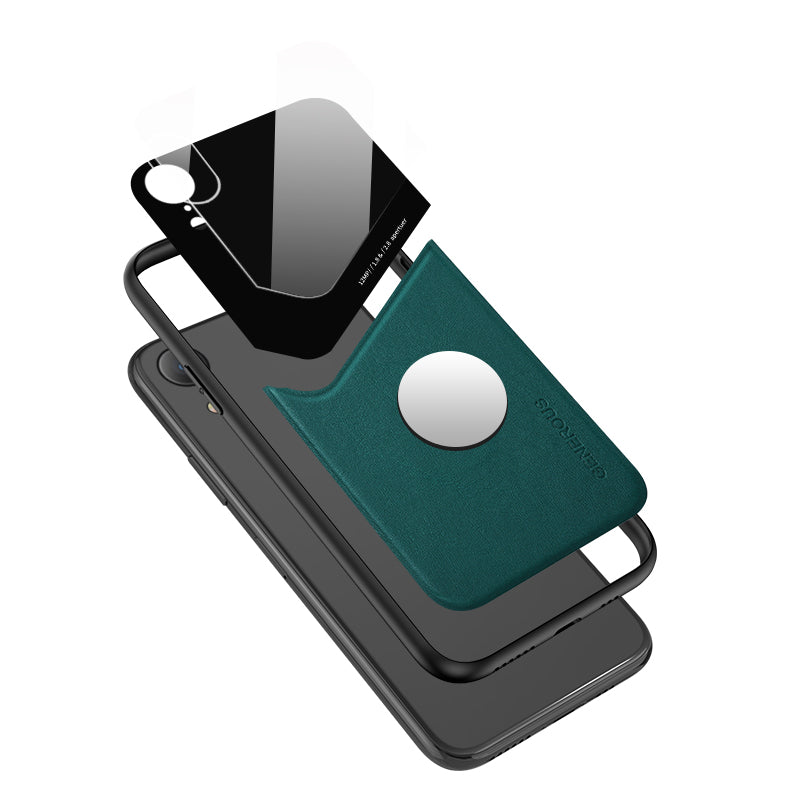 Built-in Magnetic Metal Sheet Leather Coated Glass PC TPU Hybrid Case for iPhone XR