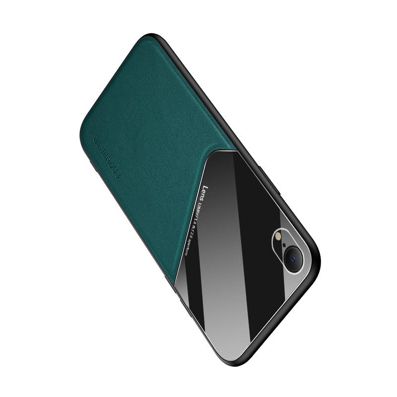 Built-in Magnetic Metal Sheet Leather Coated Glass PC TPU Hybrid Case for iPhone XR