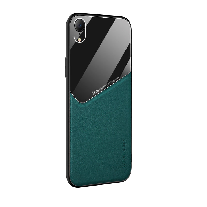 Built-in Magnetic Metal Sheet Leather Coated Glass PC TPU Hybrid Case for iPhone XR