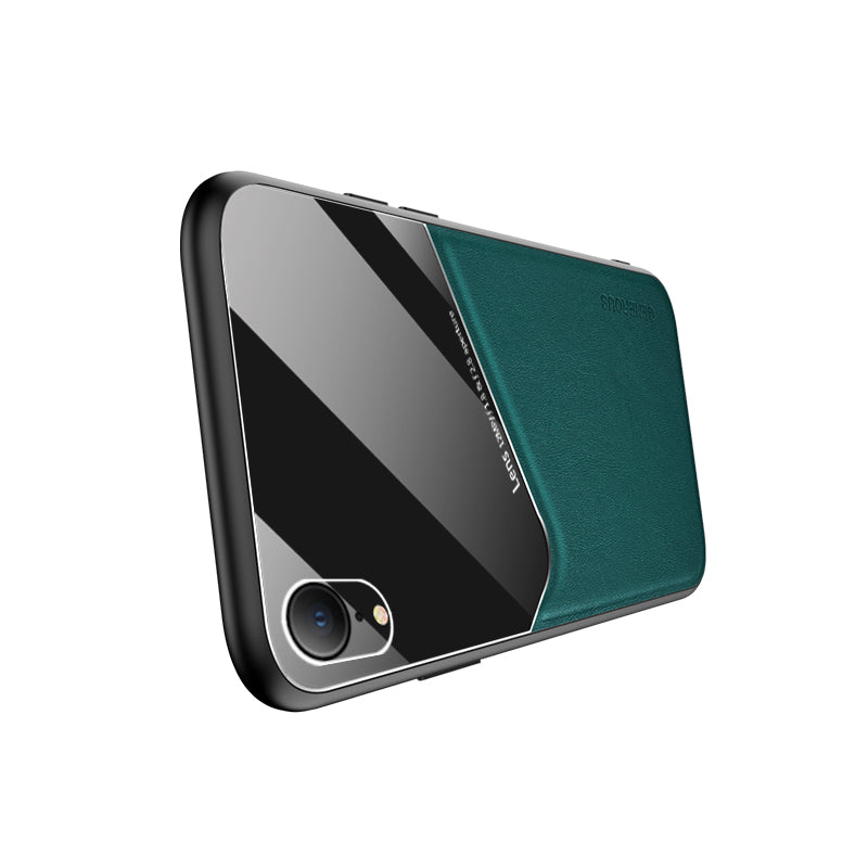 Built-in Magnetic Metal Sheet Leather Coated Glass PC TPU Hybrid Case for iPhone XR