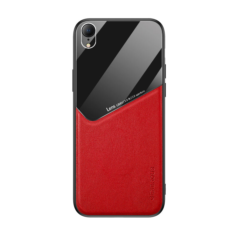 Built-in Magnetic Metal Sheet Leather Coated Glass PC TPU Hybrid Case for iPhone XR