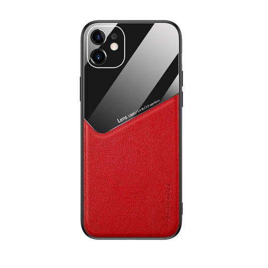 Built-in Magnetic Metal Sheet Leather Coated Glass PC TPU Combo Case for iPhone 11 6.1 inch