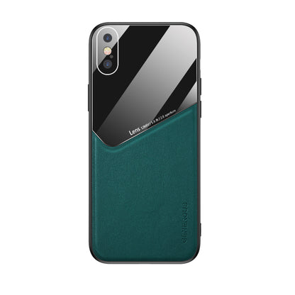 Built-in Magnetic Metal Sheet Leather Coated Glass PC TPU Hybrid Back Case for iPhone X/XS 5.8 inch