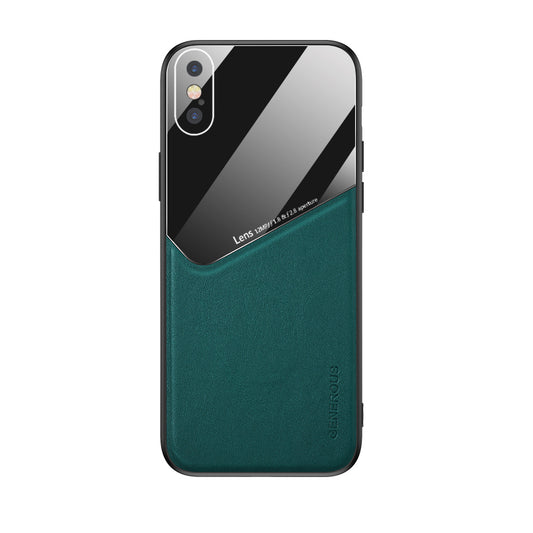 Built-in Magnetic Metal Sheet Leather Coated Glass PC TPU Hybrid Back Case for iPhone X/XS 5.8 inch