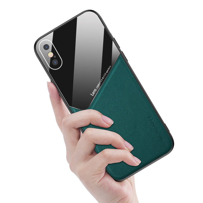 Built-in Magnetic Metal Sheet Leather Coated Glass PC TPU Hybrid Back Case for iPhone X/XS 5.8 inch
