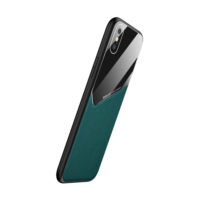 Built-in Magnetic Metal Sheet Leather Coated Glass PC TPU Hybrid Back Case for iPhone X/XS 5.8 inch