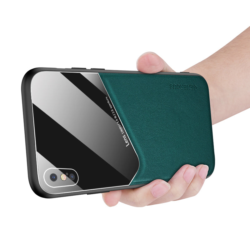 Built-in Magnetic Metal Sheet Leather Coated Glass PC TPU Hybrid Back Case for iPhone X/XS 5.8 inch