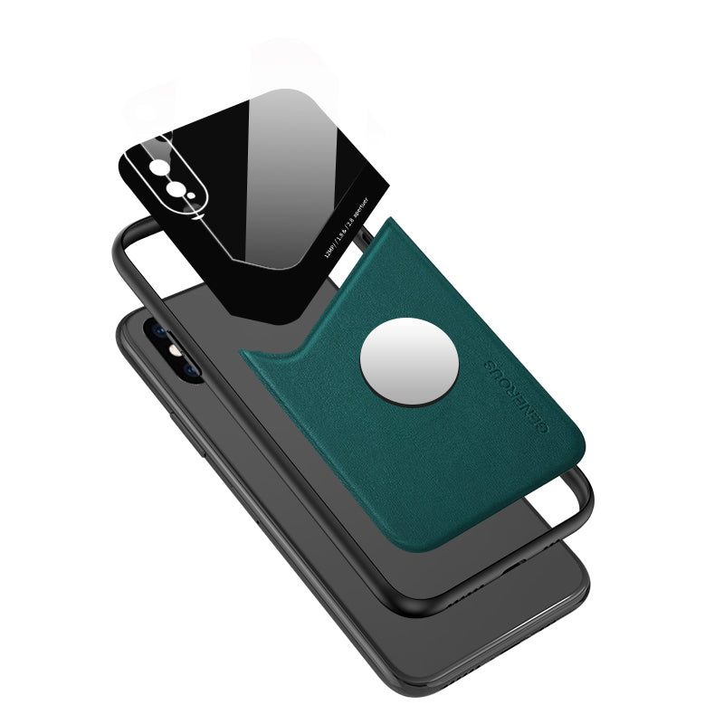 Built-in Magnetic Metal Sheet Leather Coated Glass PC TPU Hybrid Back Case for iPhone X/XS 5.8 inch