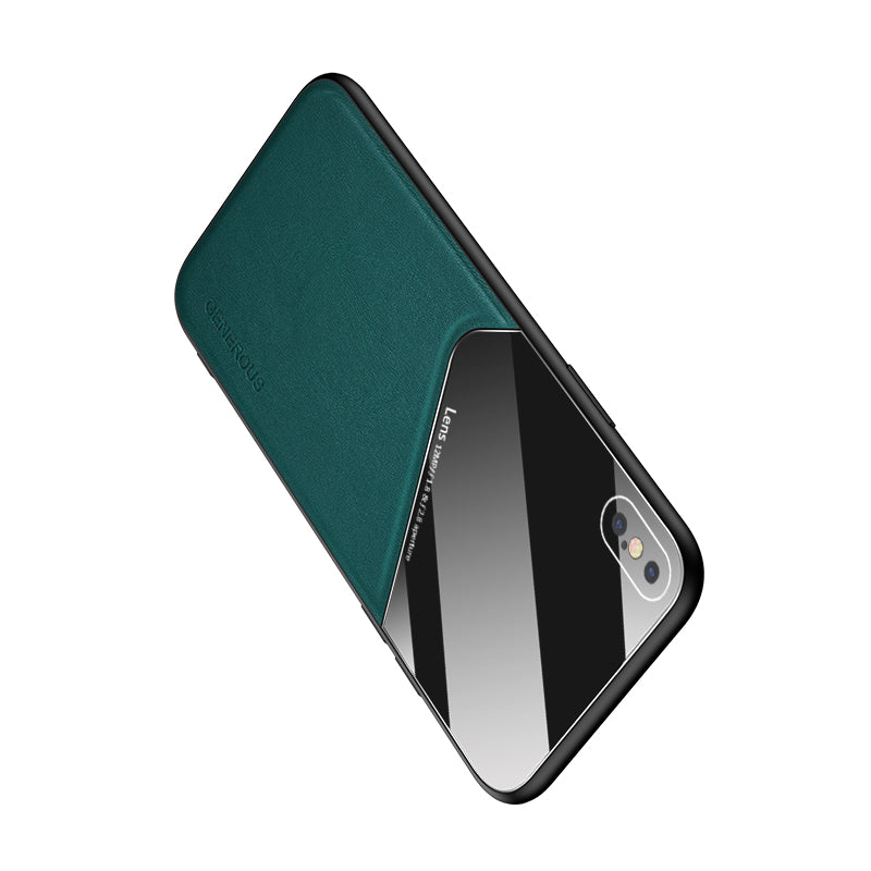 Built-in Magnetic Metal Sheet Leather Coated Glass PC TPU Hybrid Back Case for iPhone X/XS 5.8 inch
