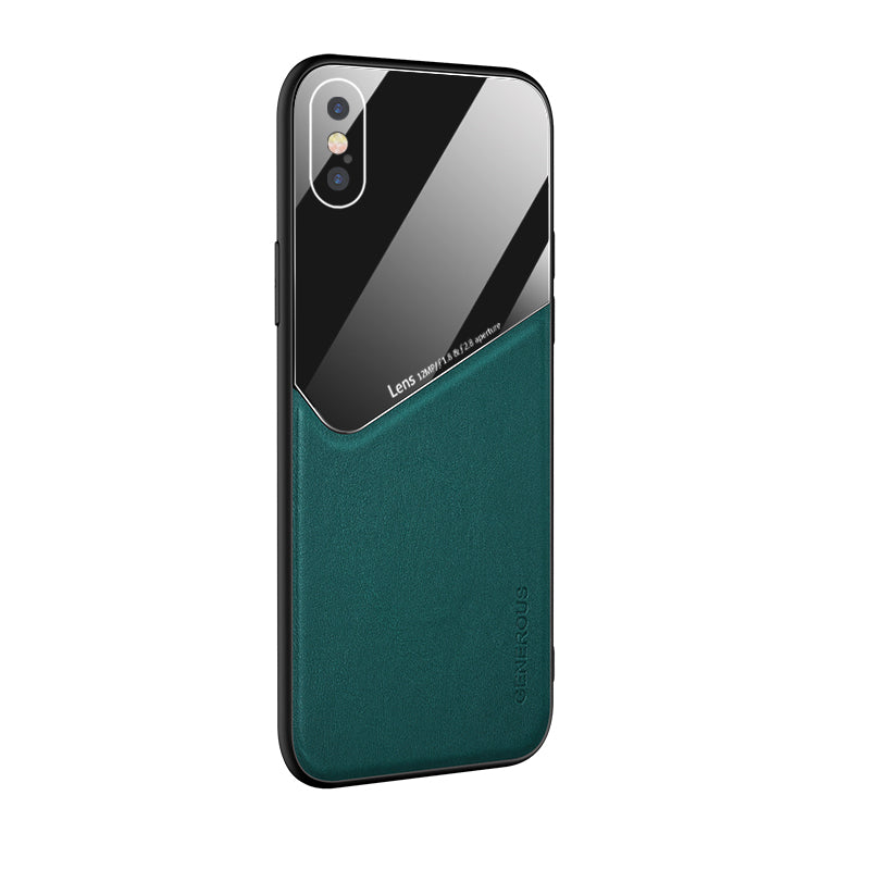 Built-in Magnetic Metal Sheet Leather Coated Glass PC TPU Hybrid Back Case for iPhone X/XS 5.8 inch