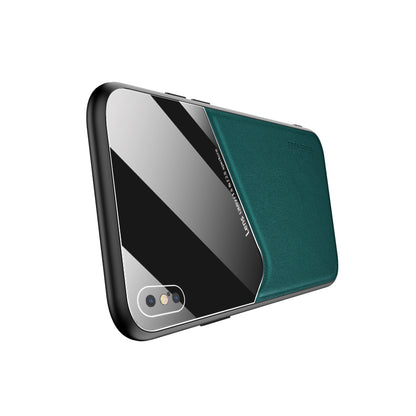 Built-in Magnetic Metal Sheet Leather Coated Glass PC TPU Hybrid Back Case for iPhone X/XS 5.8 inch