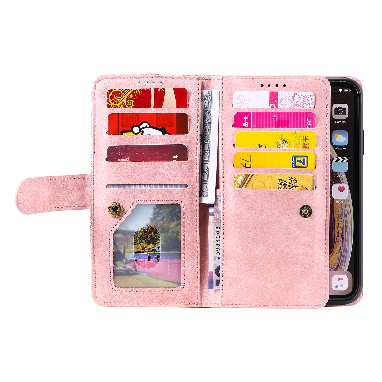 Zipper Wallet with 9 Card Slots Leather Phone Case with Strap for iPhone X/XS 5.8 inch