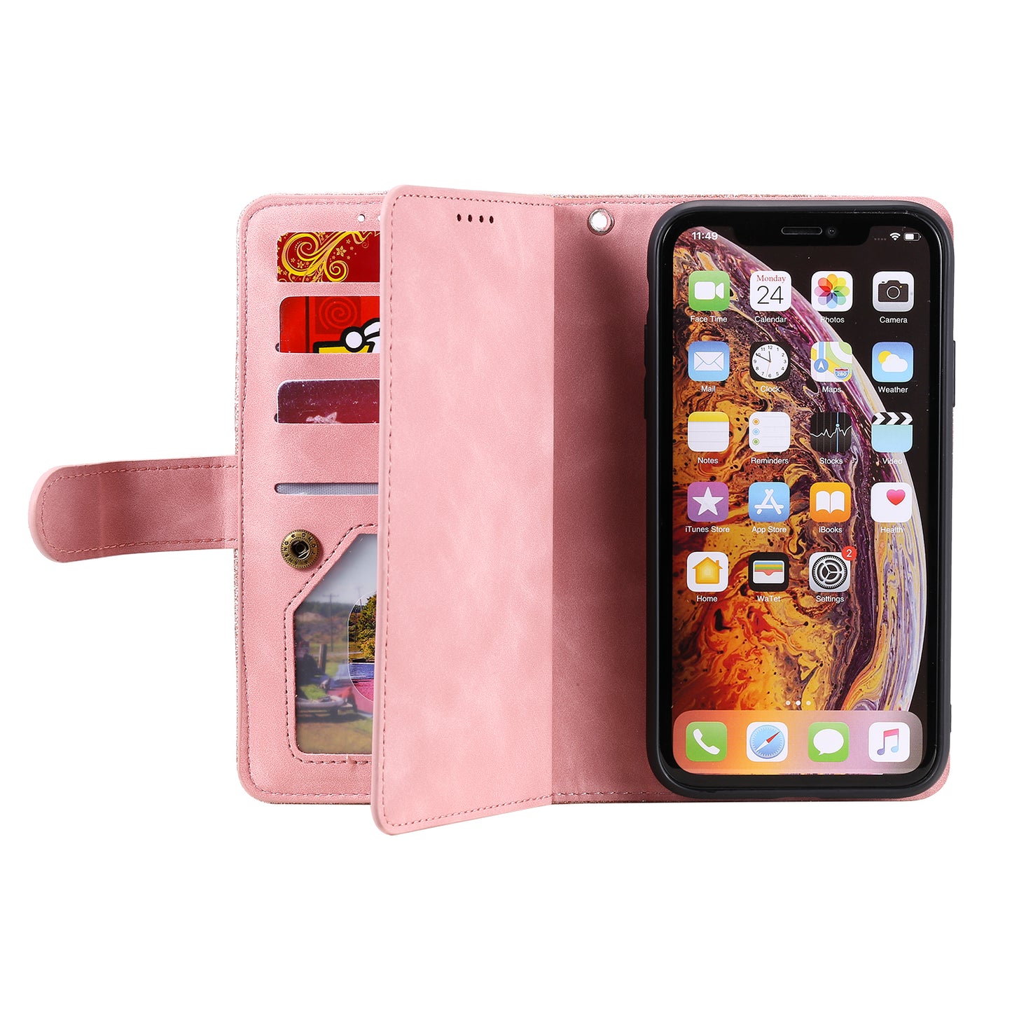 Zipper Wallet with 9 Card Slots Leather Phone Case with Strap for iPhone X/XS 5.8 inch