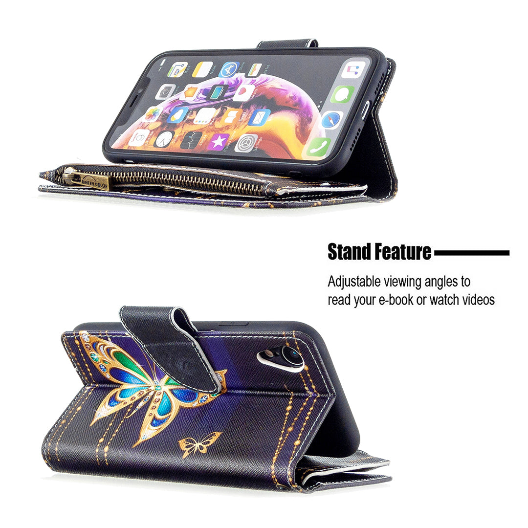 BF03 Pattern Printing Zipper Wallet Leather Phone Cover for iPhone XR 6.1 inch