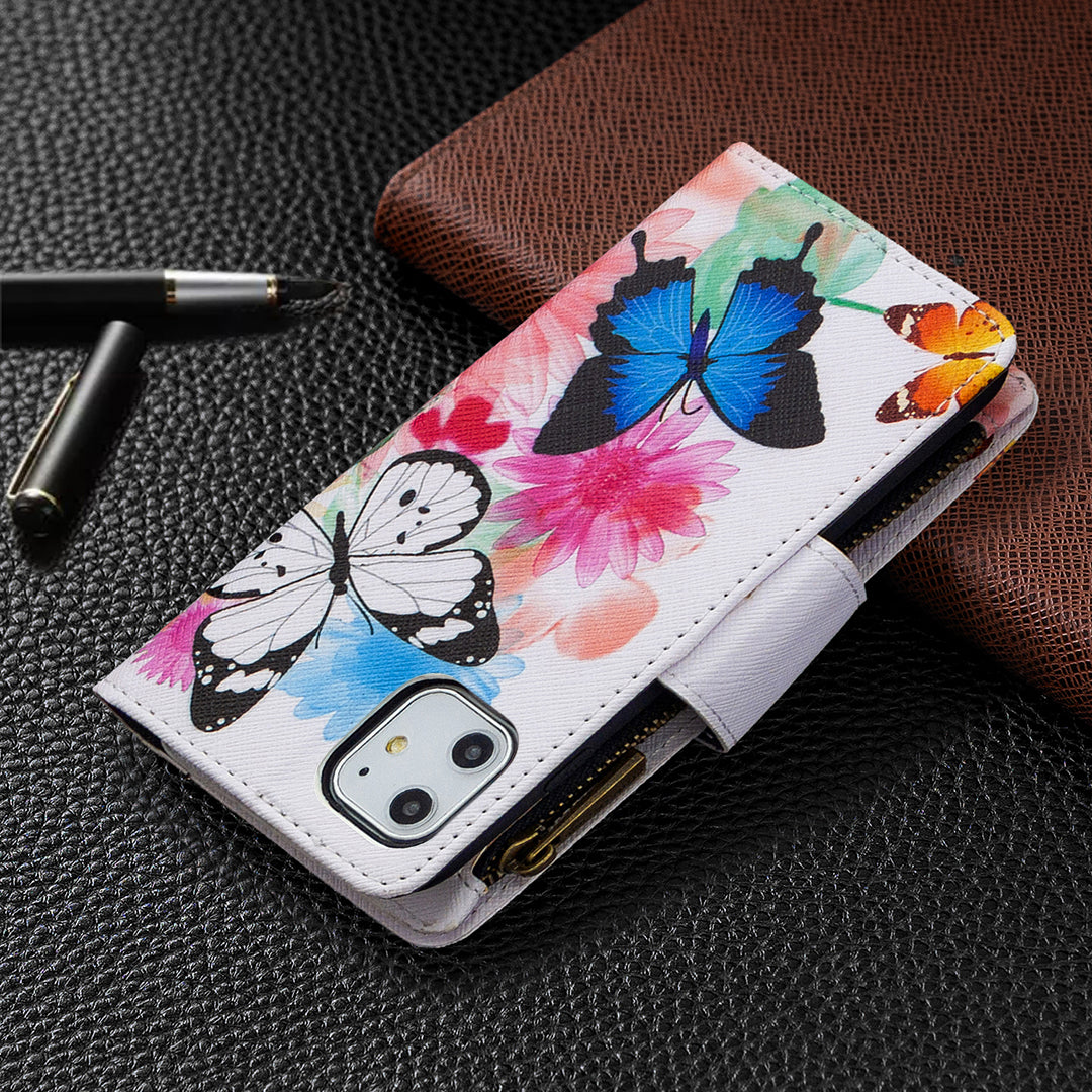 Pattern Printing Zipper Wallet Leather Case Shell for Apple iPhone 11 6.1 inch