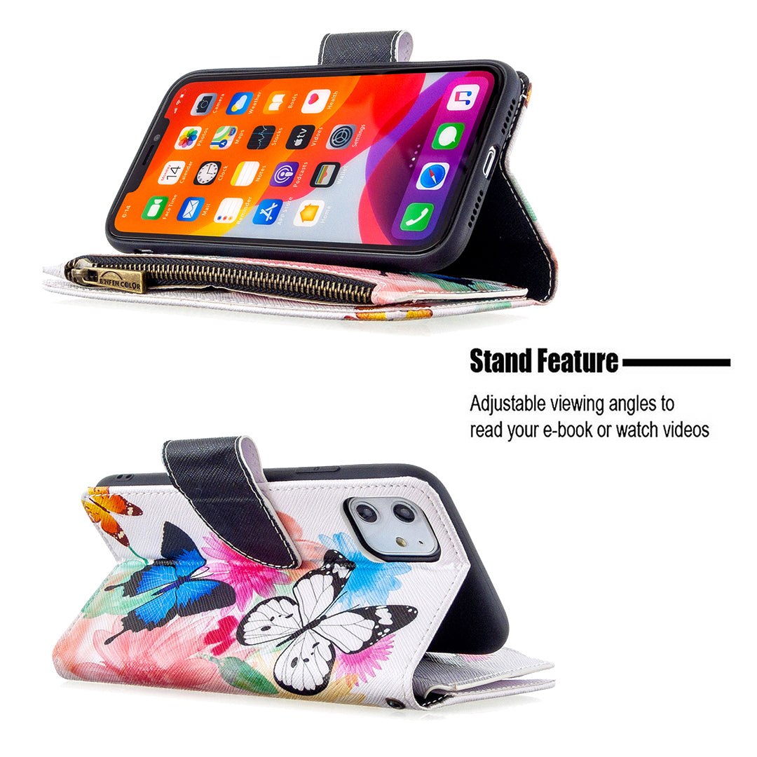 Pattern Printing Zipper Wallet Leather Case Shell for Apple iPhone 11 6.1 inch