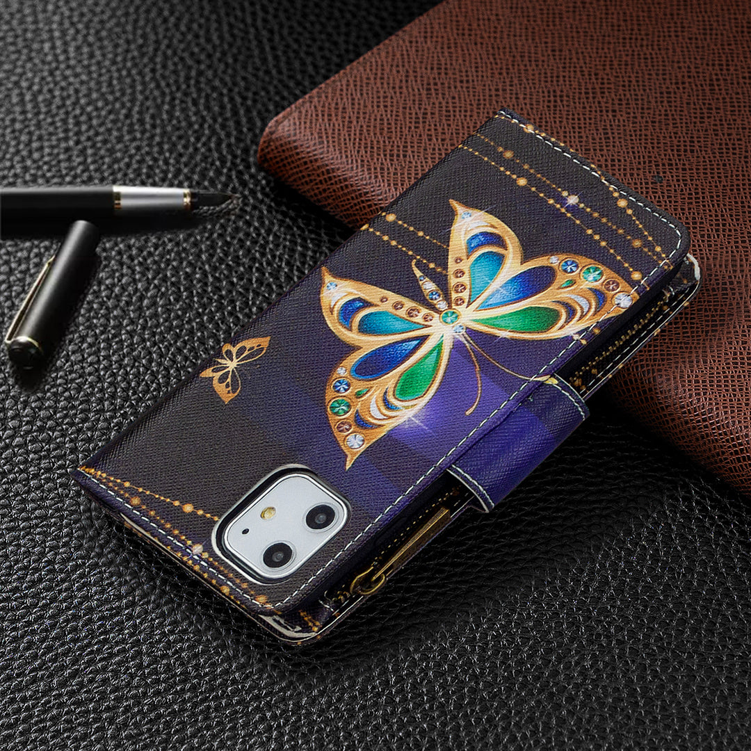 Pattern Printing Zipper Wallet Leather Case Shell for Apple iPhone 11 6.1 inch