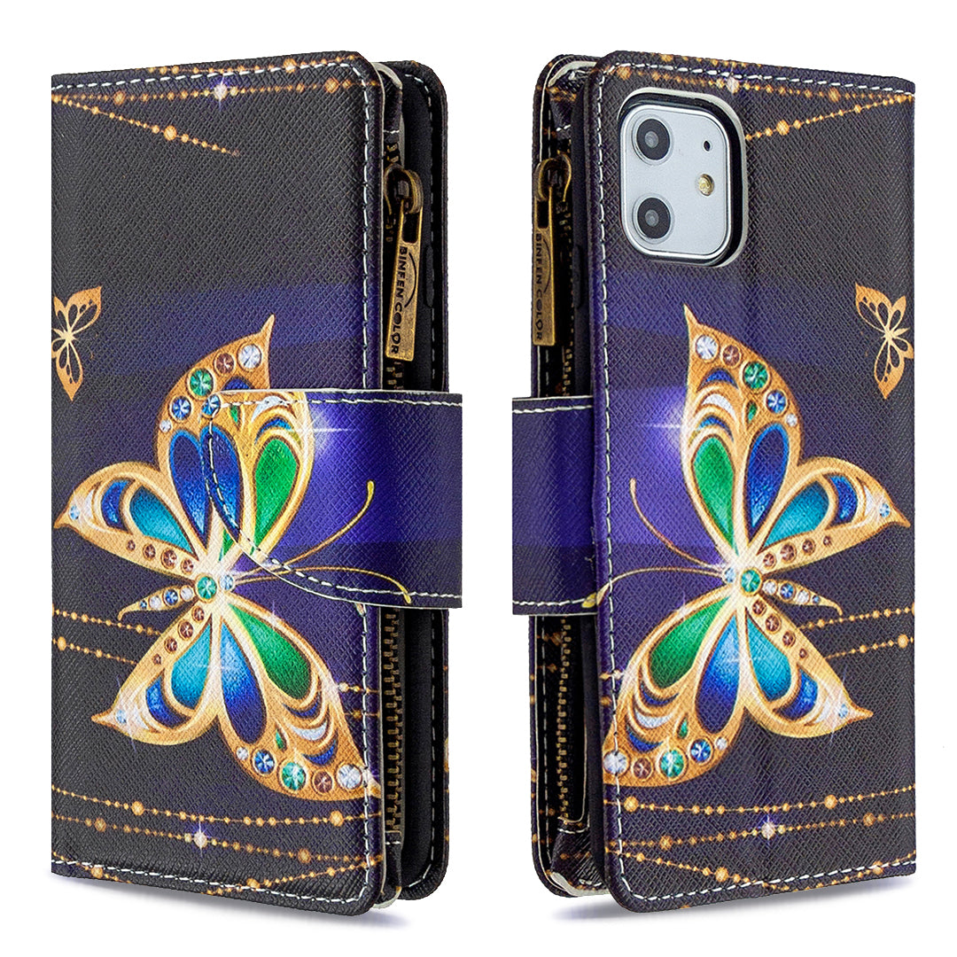 Pattern Printing Zipper Wallet Leather Case Shell for Apple iPhone 11 6.1 inch