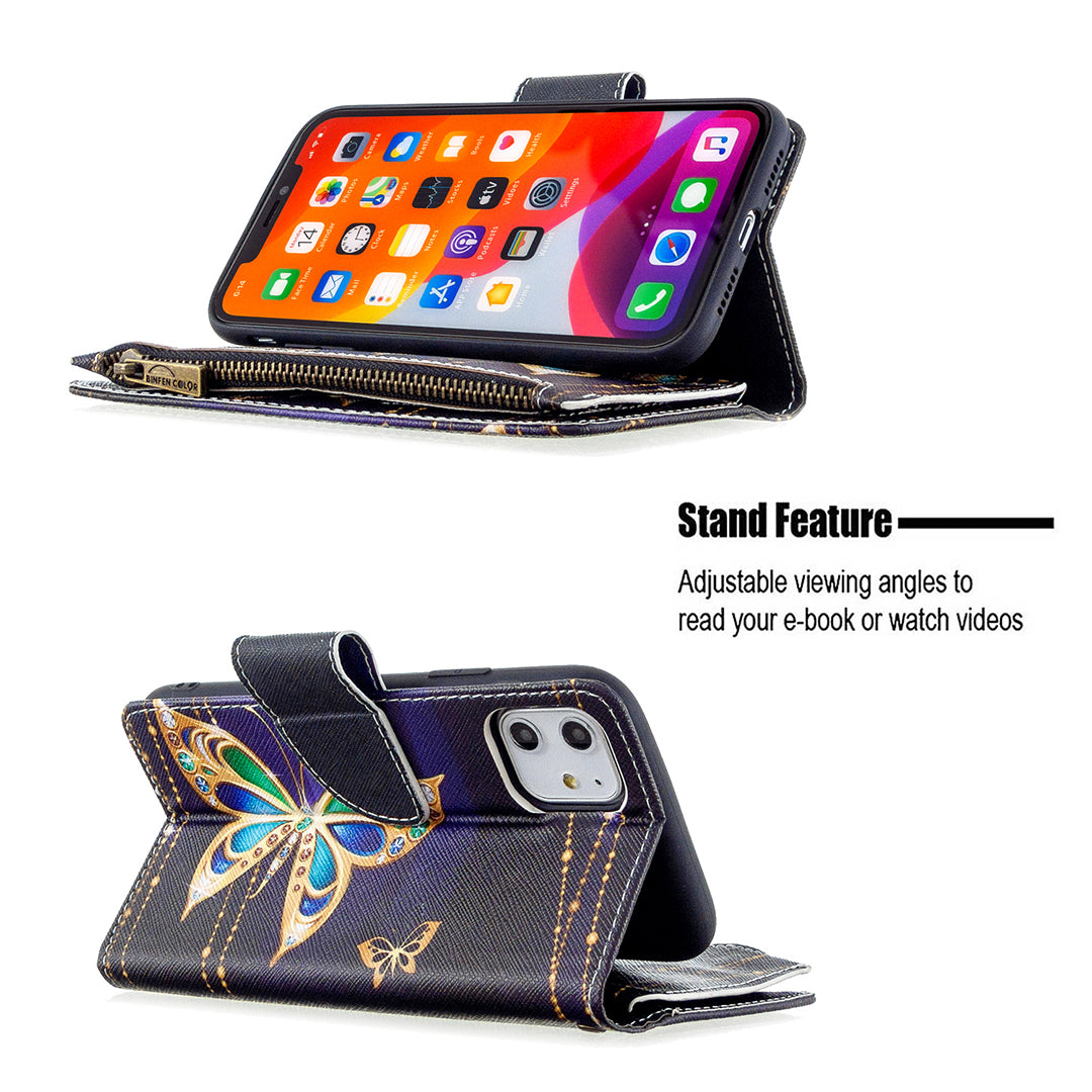 Pattern Printing Zipper Wallet Leather Case Shell for Apple iPhone 11 6.1 inch