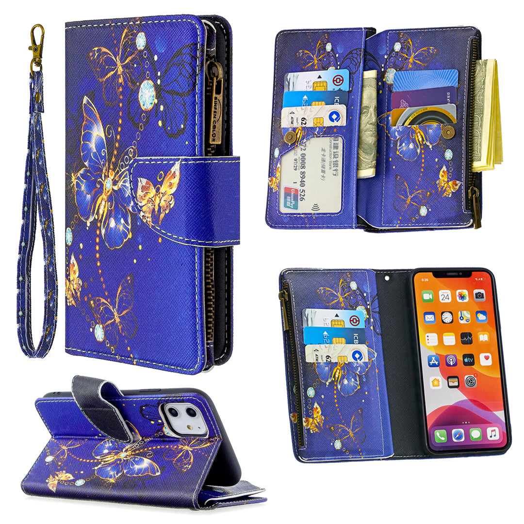 Pattern Printing Zipper Wallet Leather Case Shell for Apple iPhone 11 6.1 inch