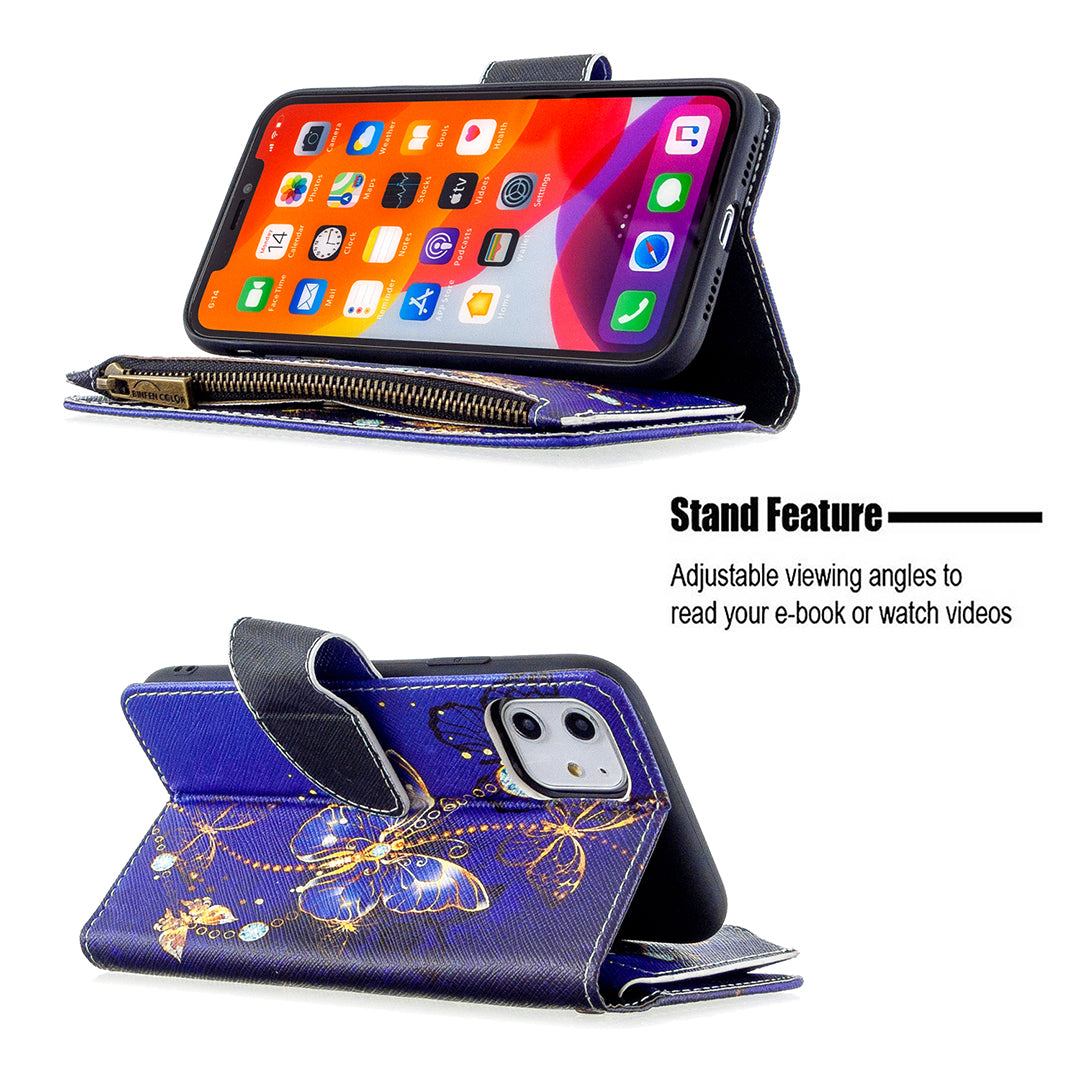 Pattern Printing Zipper Wallet Leather Case Shell for Apple iPhone 11 6.1 inch