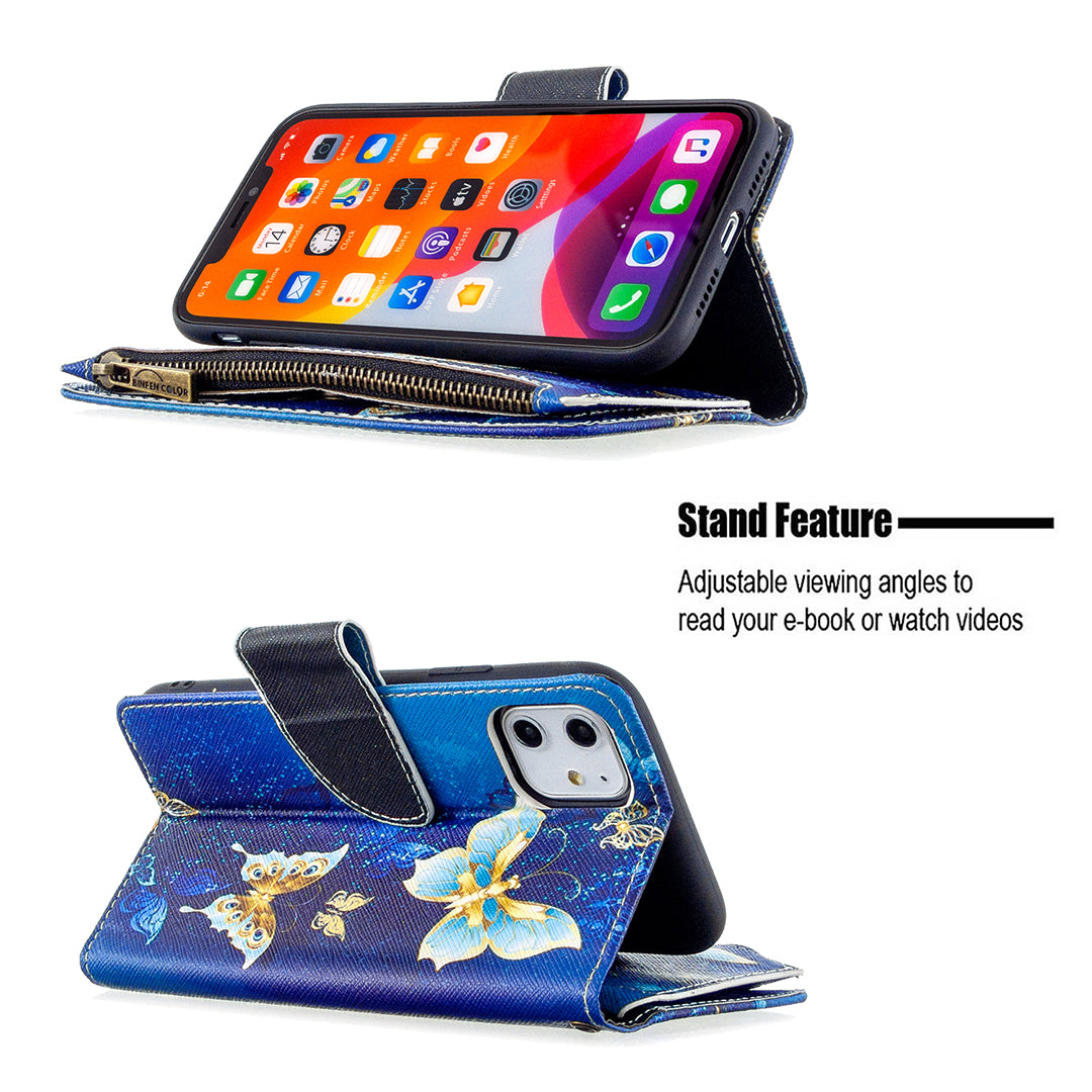 Pattern Printing Zipper Wallet Leather Case Shell for Apple iPhone 11 6.1 inch