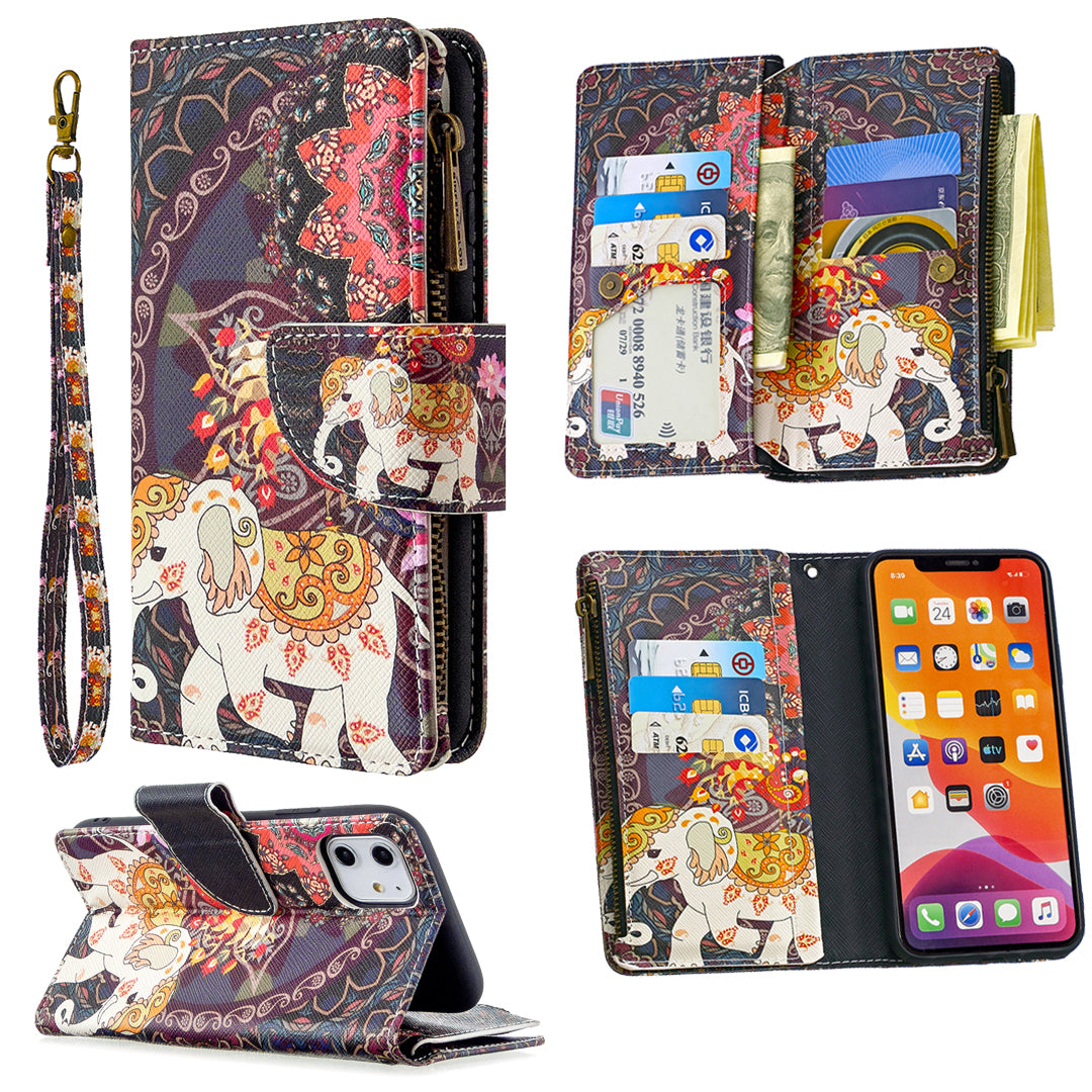 Pattern Printing Zipper Wallet Leather Case Shell for Apple iPhone 11 6.1 inch