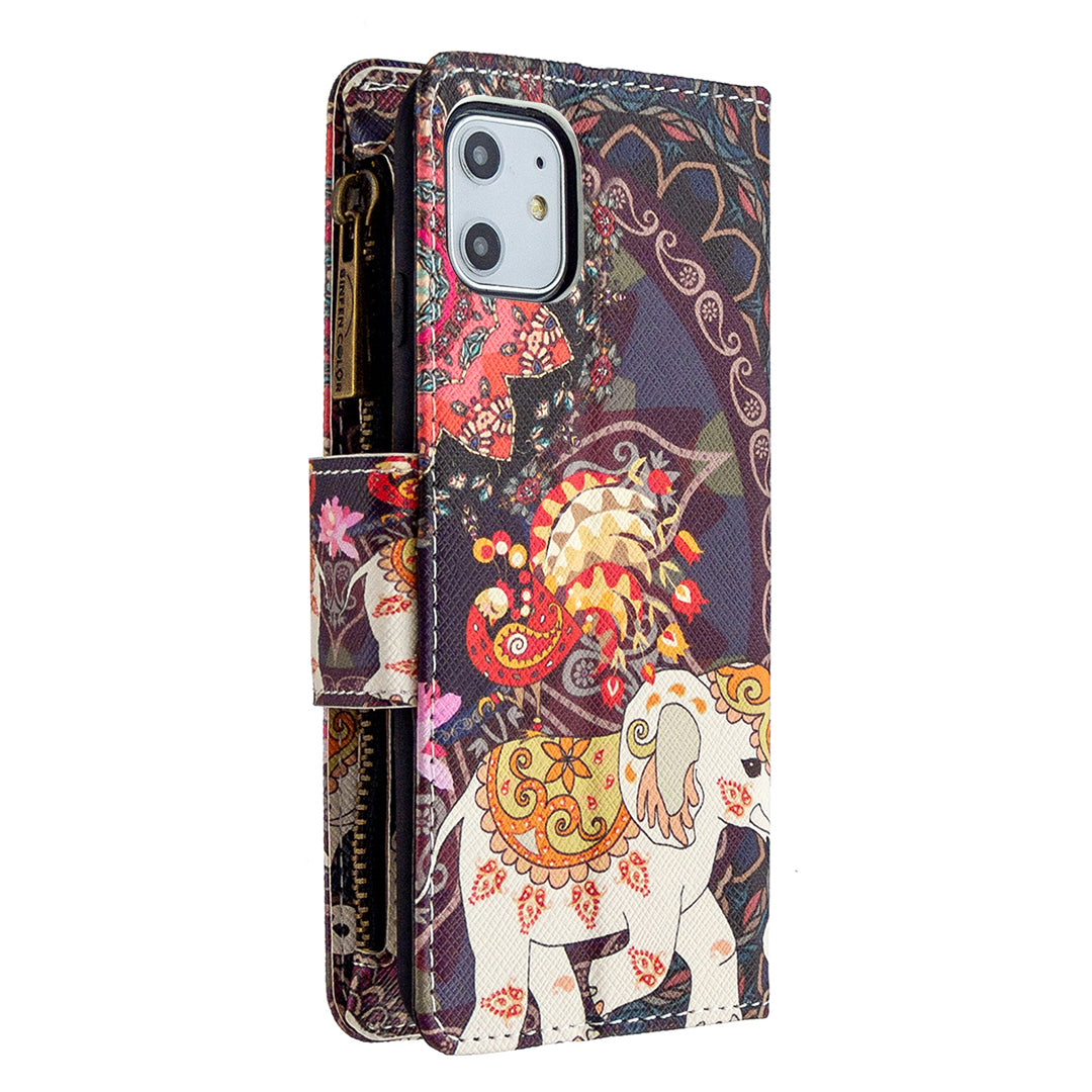 Pattern Printing Zipper Wallet Leather Case Shell for Apple iPhone 11 6.1 inch