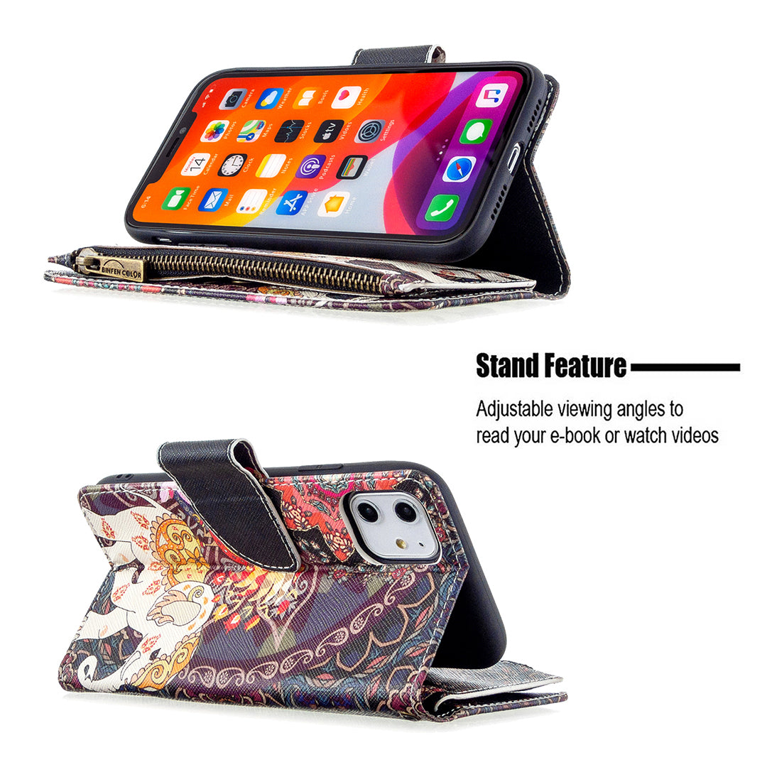 Pattern Printing Zipper Wallet Leather Case Shell for Apple iPhone 11 6.1 inch