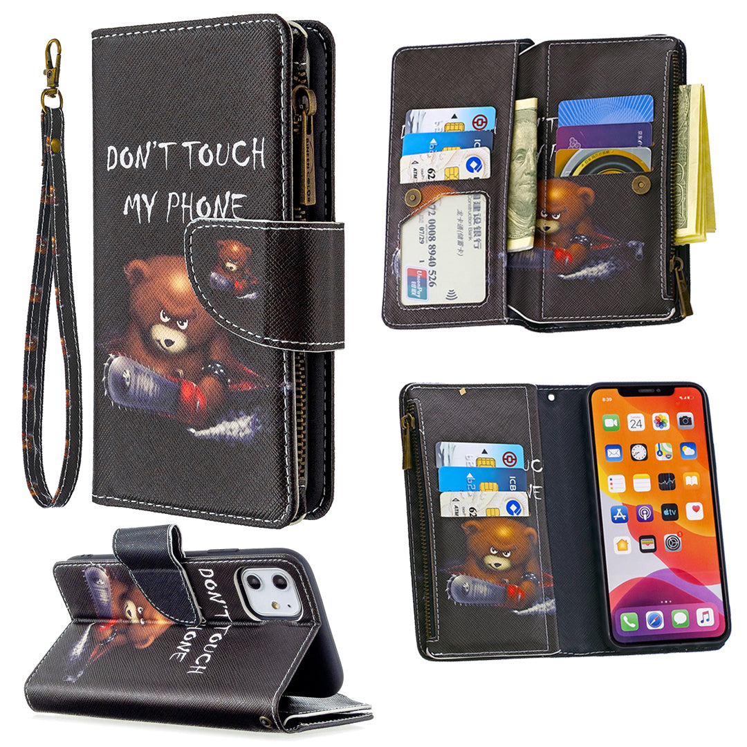 Pattern Printing Zipper Wallet Leather Case Shell for Apple iPhone 11 6.1 inch