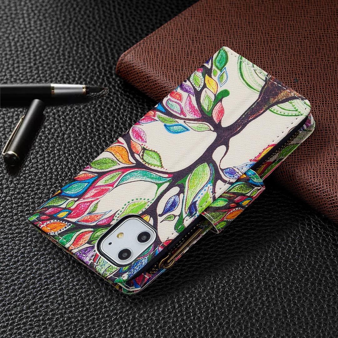 Pattern Printing Zipper Wallet Leather Case Shell for Apple iPhone 11 6.1 inch