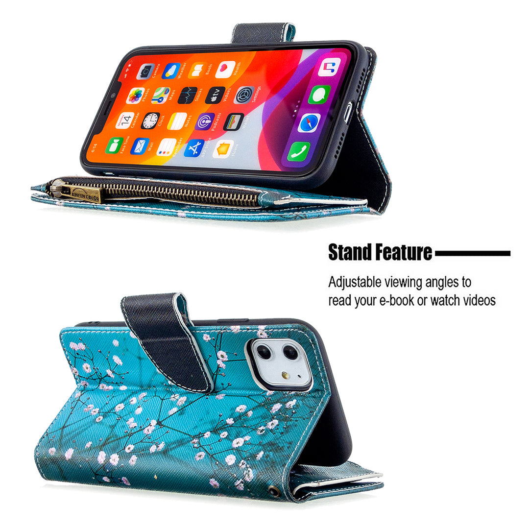 Pattern Printing Zipper Wallet Leather Case Shell for Apple iPhone 11 6.1 inch