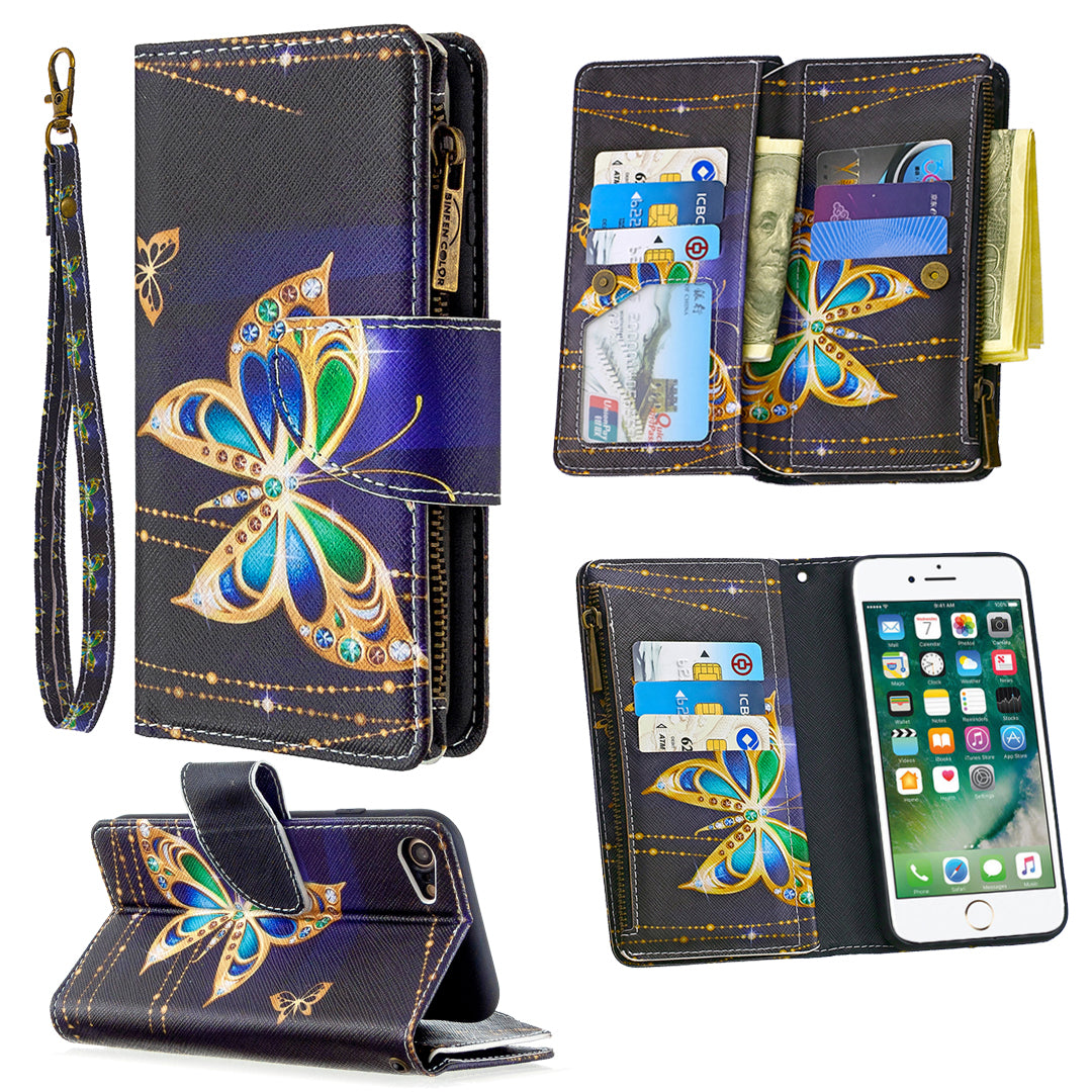 BF03 Pattern Printing Zipper Wallet Leather Phone Shell for iPhone SE (2020)/SE (2022)/8/7