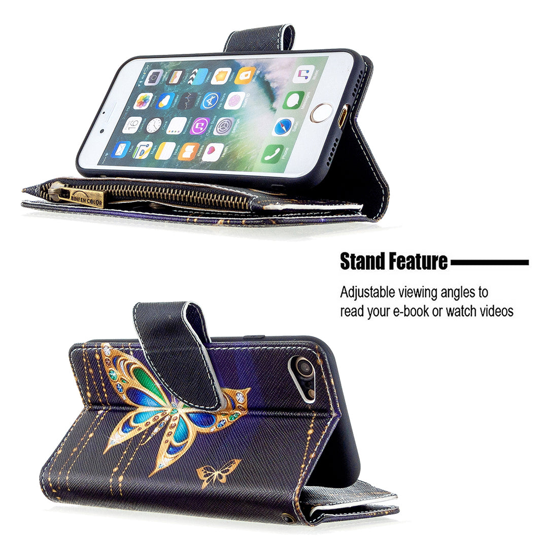 BF03 Pattern Printing Zipper Wallet Leather Phone Shell for iPhone SE (2020)/SE (2022)/8/7