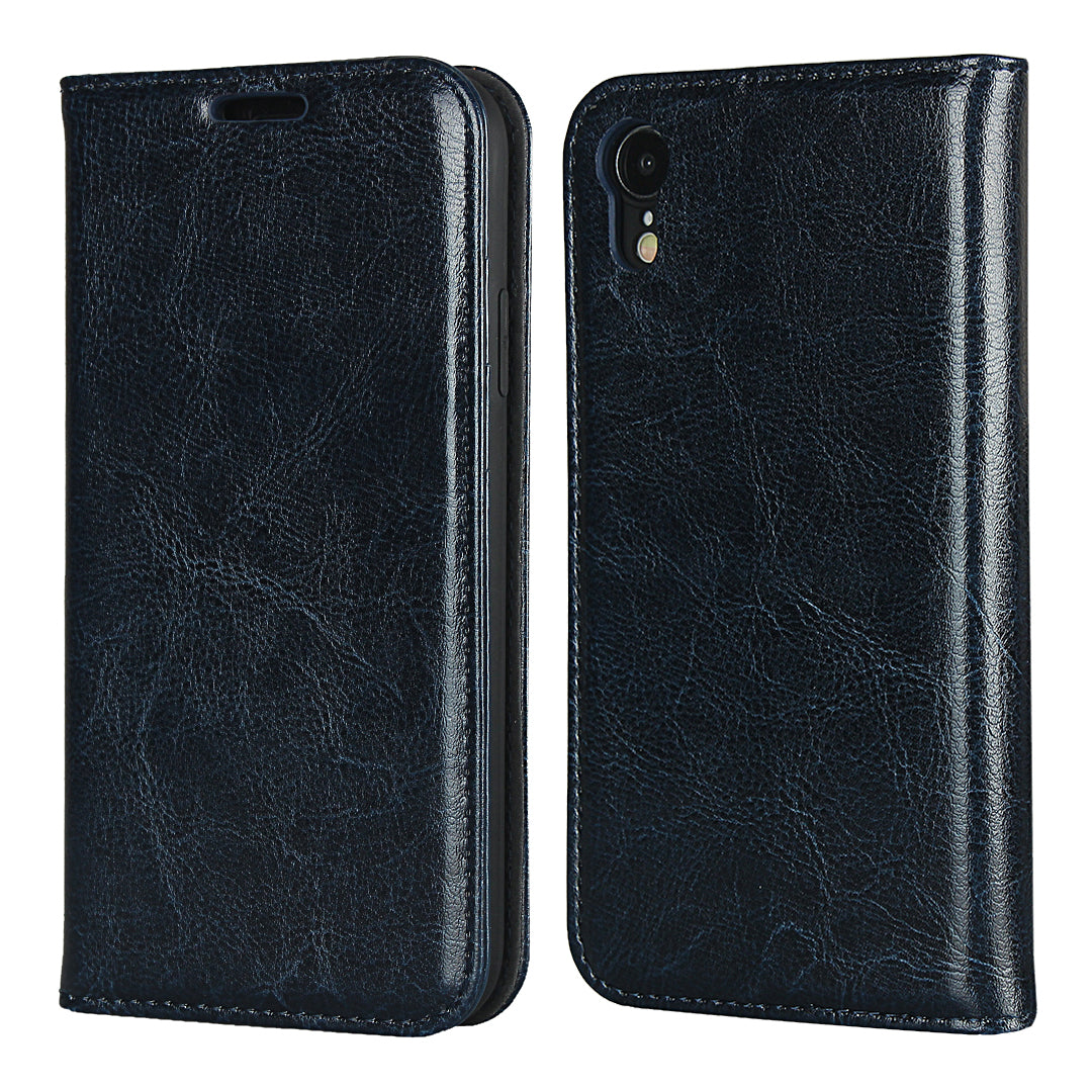 Crazy Horse Texture Genuine Leather Wallet Phone Case for Apple iPhone XR 6.1 inch