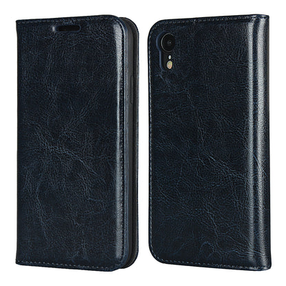Crazy Horse Texture Genuine Leather Wallet Phone Case for Apple iPhone XR 6.1 inch