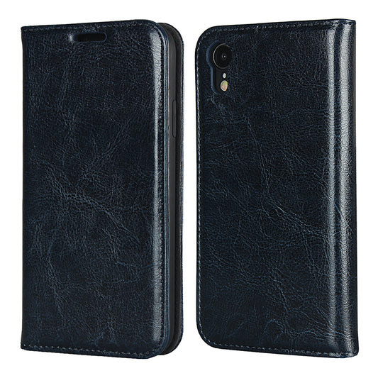 Crazy Horse Texture Genuine Leather Wallet Phone Case for Apple iPhone XR 6.1 inch