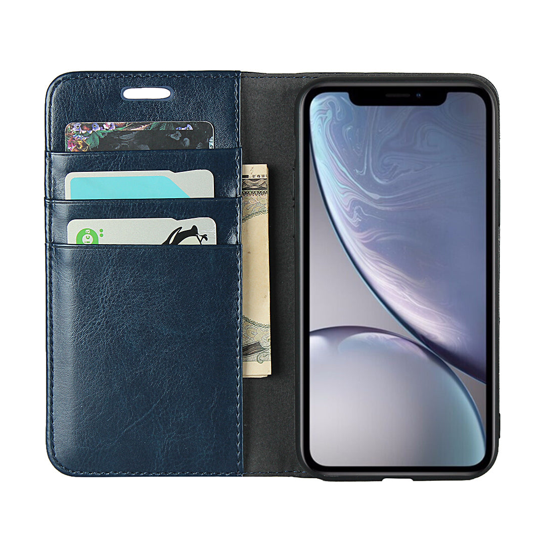Crazy Horse Texture Genuine Leather Wallet Phone Case for Apple iPhone XR 6.1 inch