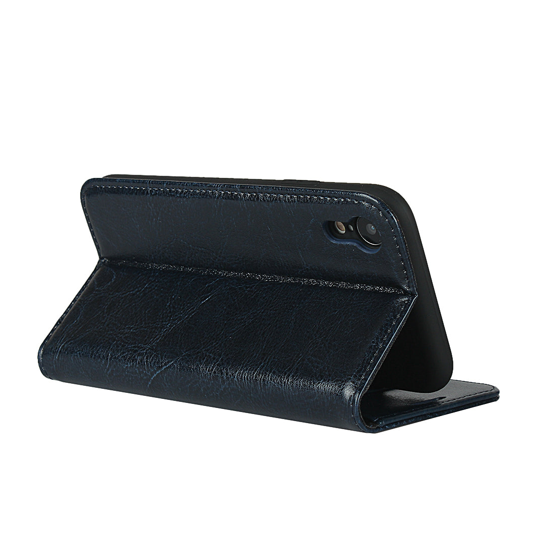 Crazy Horse Texture Genuine Leather Wallet Phone Case for Apple iPhone XR 6.1 inch