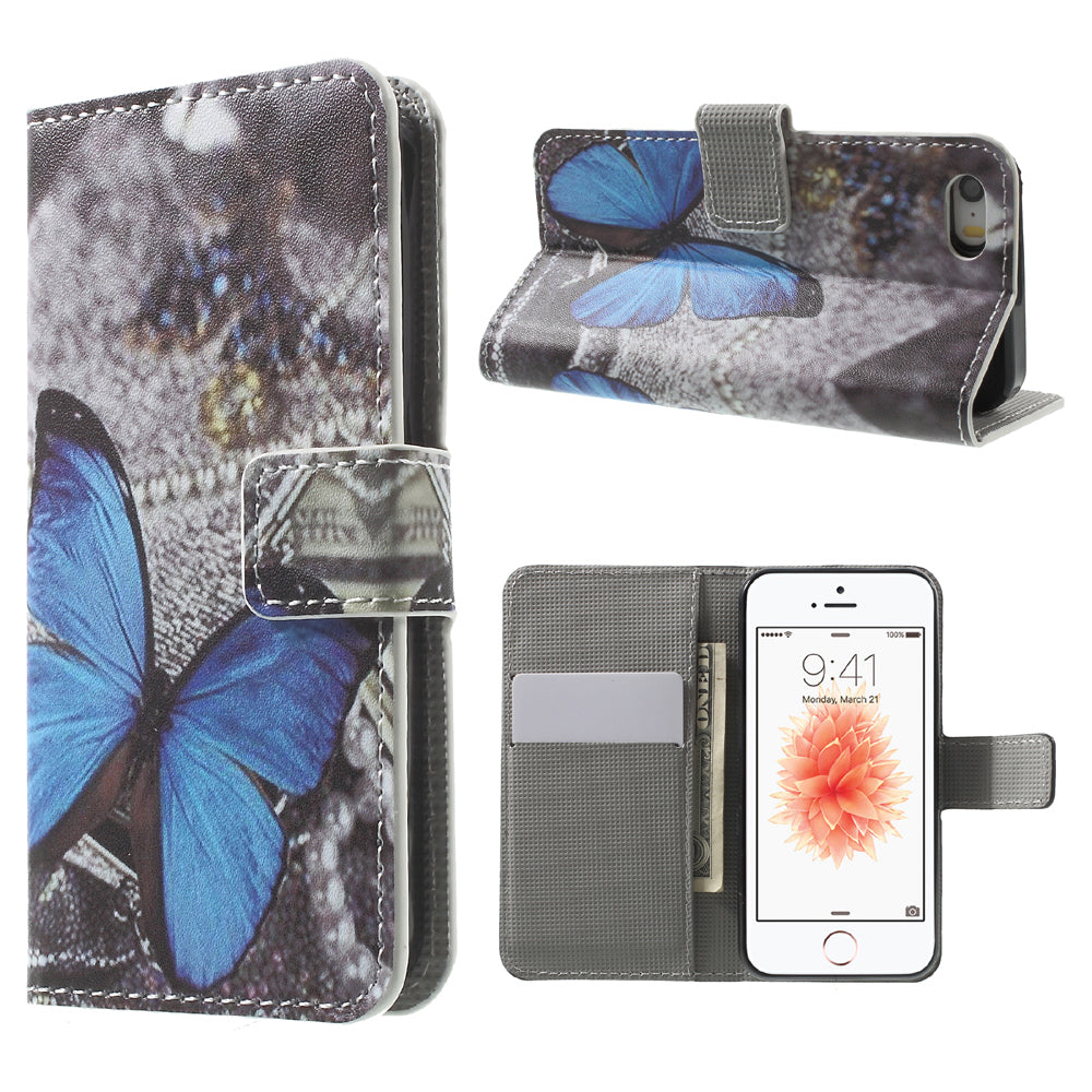 Water Transfer Printing Patterned Leather Wallet Stand Protective Case for iPhone SE/5s/5