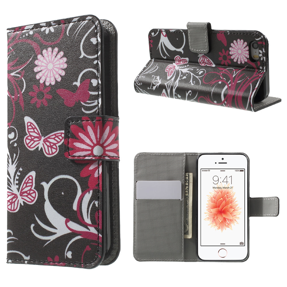 Water Transfer Printing Patterned Leather Wallet Stand Protective Case for iPhone SE/5s/5